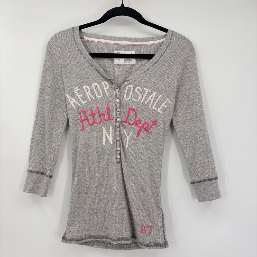 Aeropastle Womens Large Y2K Top Shirt Long Sleeve Gray Cotton Athletic Dept